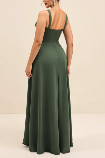 Olive gaine carrée col froncé satin longue robe de demoiselle d’honneur avec fente